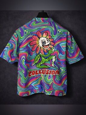 Collusion Psychedelic Neon Swirl Shirt Graphic Back Festival Rave XS Unisex